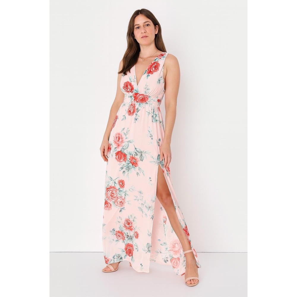 Lulus Garden Meandering Blush Pink Floral Print Lined Maxi Dress MEDIUM Evening